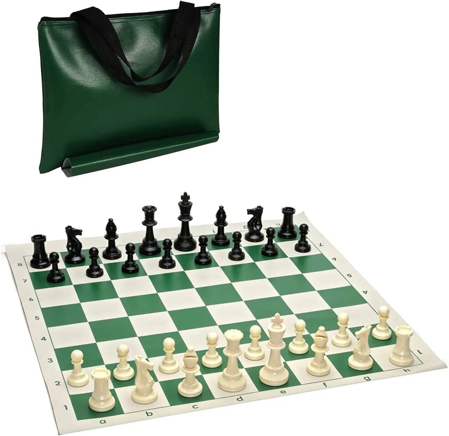 Full Tournament Chess Set w/Bag. Green Board, Pieces and Bag